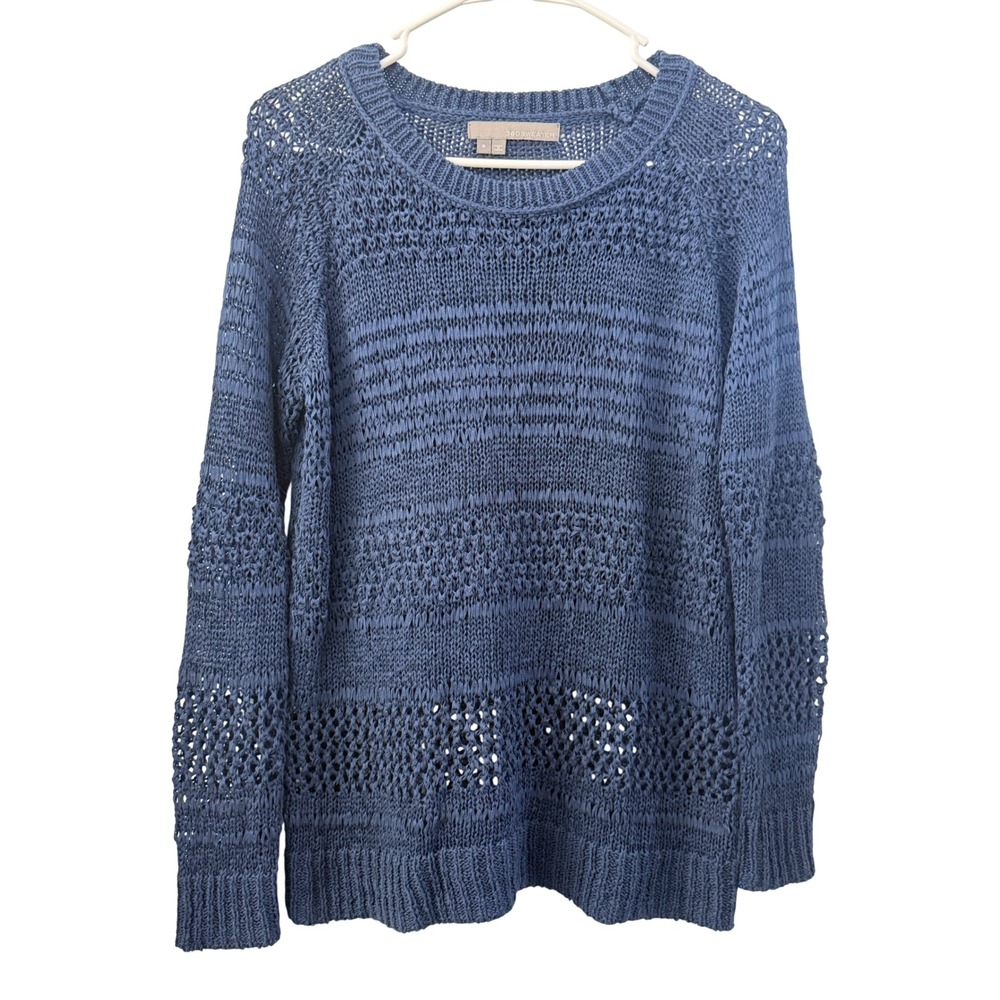 360 Sweater Womens Small Blue Linen Cotton Open Knit Pullover Long Sleeve